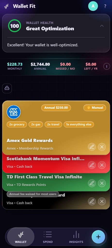 Wallet Fit Card Map Interface showing AMEX Cobalt 5x optimization ($540/yr net rewards gain) and cap limits
