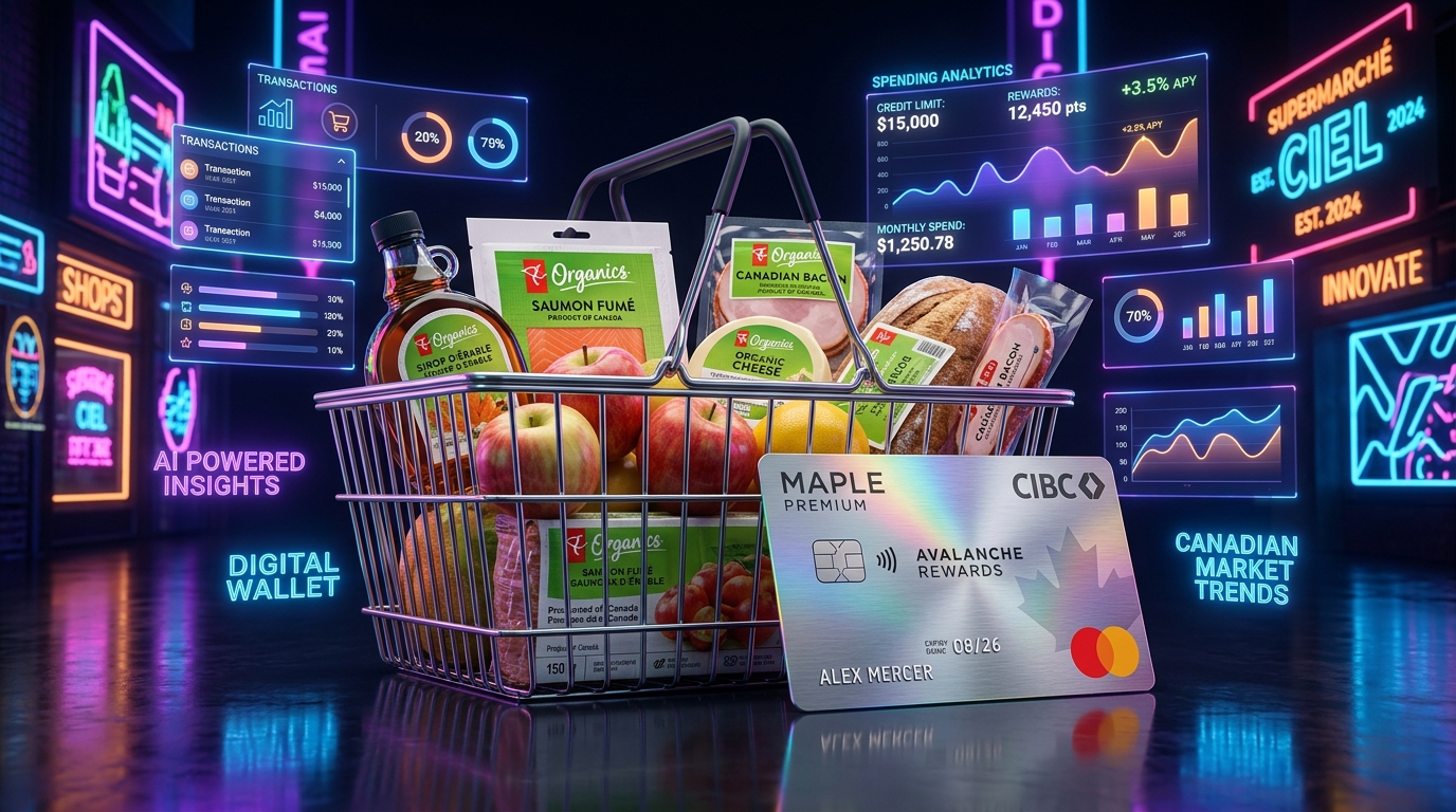 A sleek modern credit card leaning against a shopping basket filled with premium Canadian groceries under vibrant neon lights