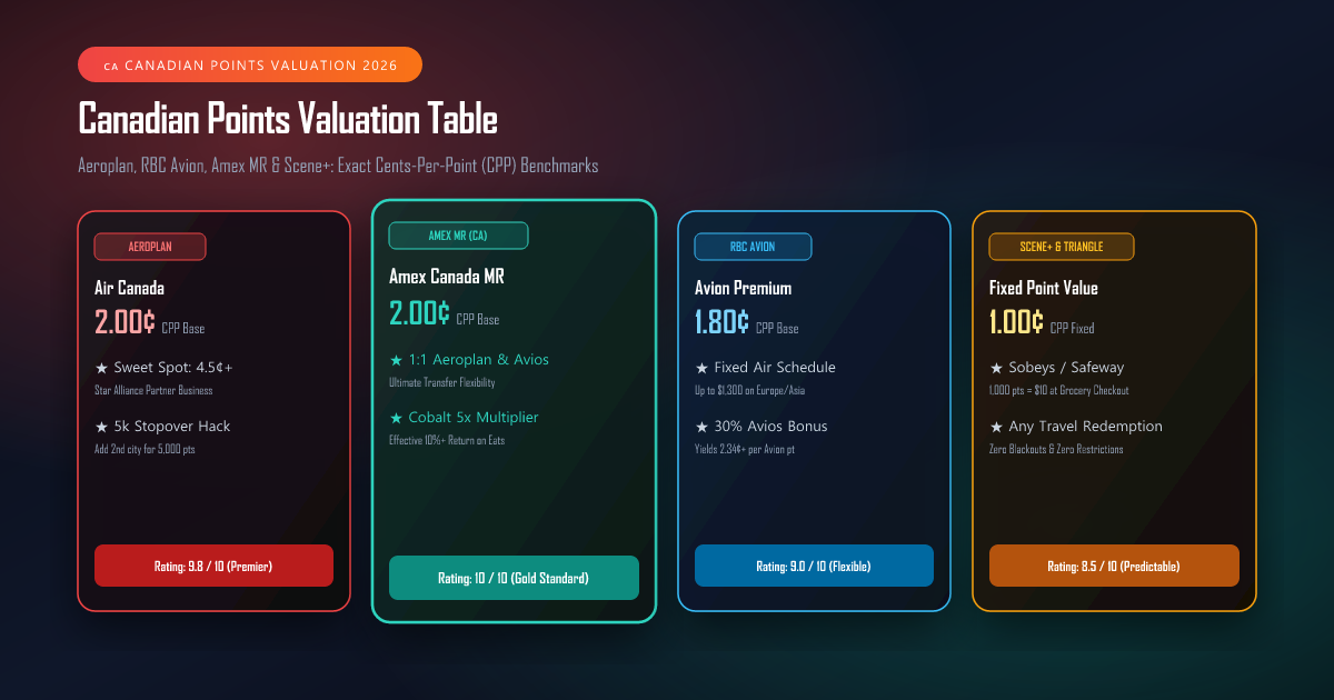 Canadian Credit Card Points Valuation Table 2026 - Aeroplan, RBC Avion, Amex MR, Scene+