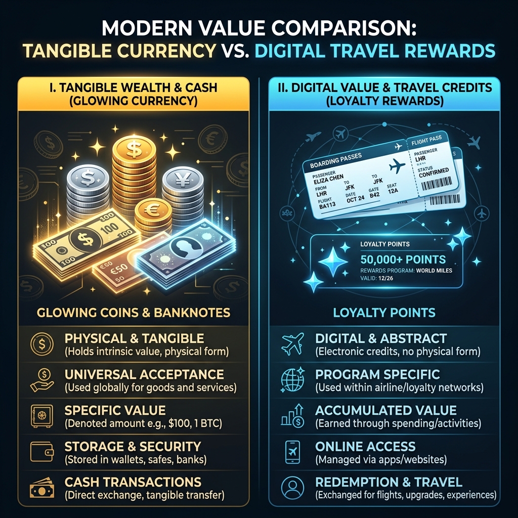 Visual comparison showing cash banknotes on one side and flight tickets on the other side