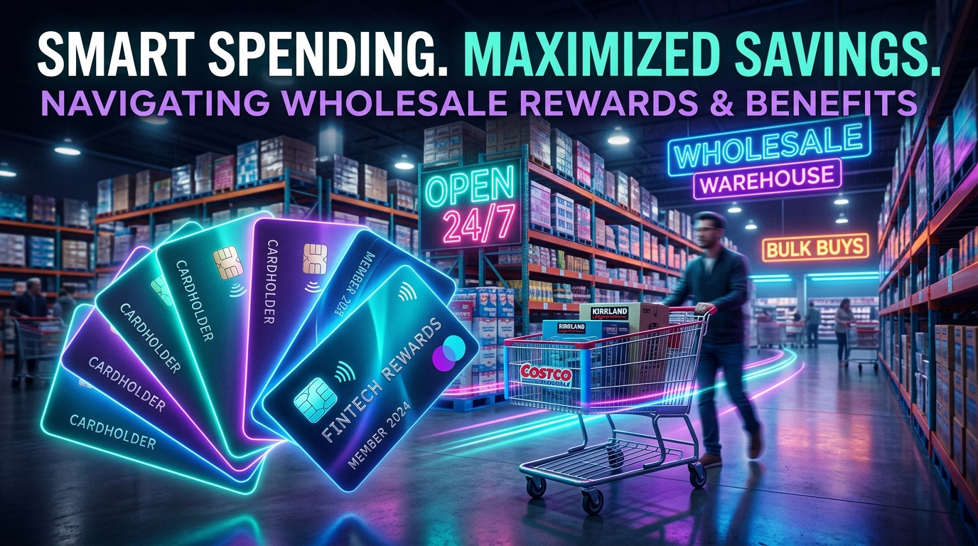 A wholesale shopping cart under modern neon lights in front of fanned out credit cards representing optimal reward yield