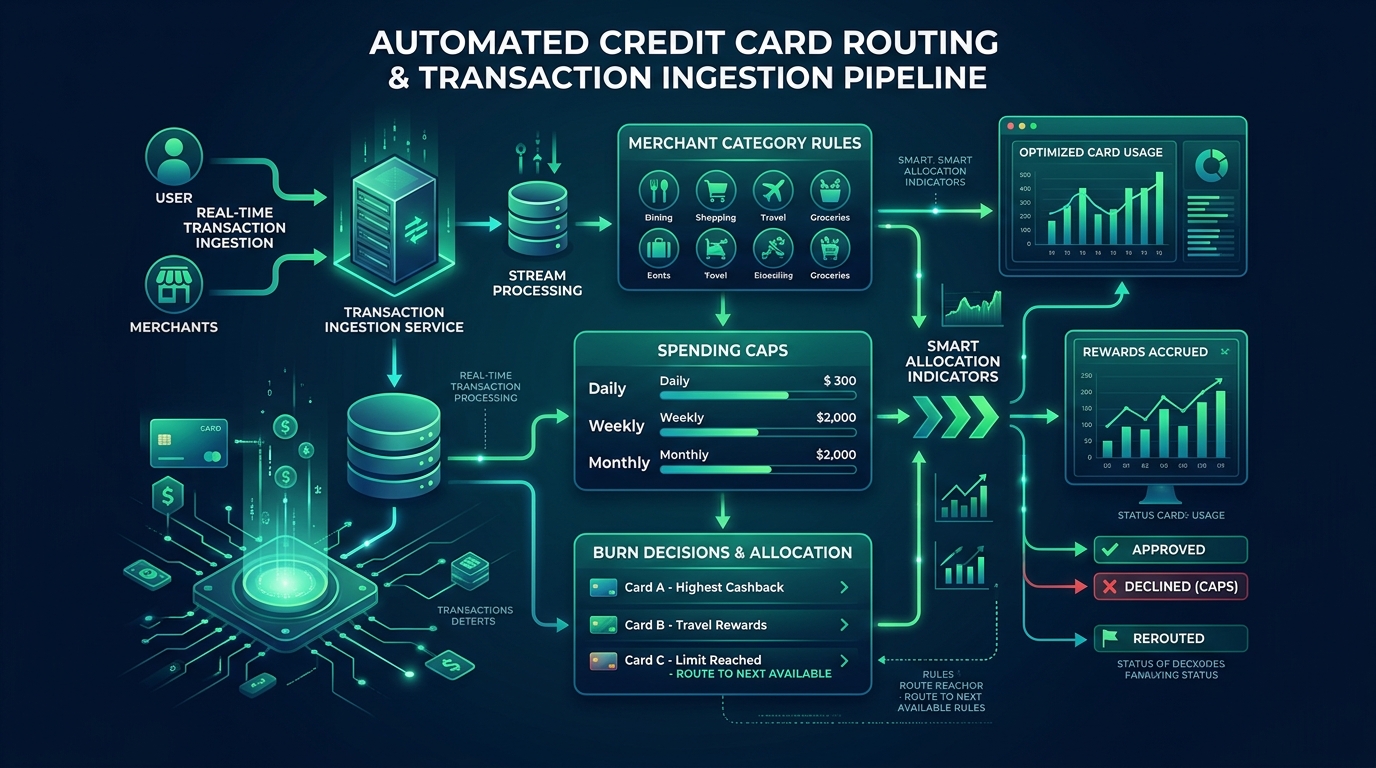 Automated credit card routing and transaction ingestion pipeline diagram