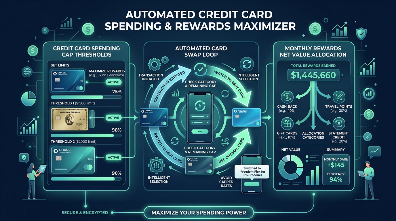 Automated credit card spending cap thresholds and rewards maximizer loop infographic