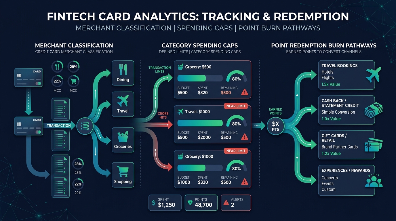 Fintech card analytics diagram showing merchant classification, category spending caps, and point burn pathways