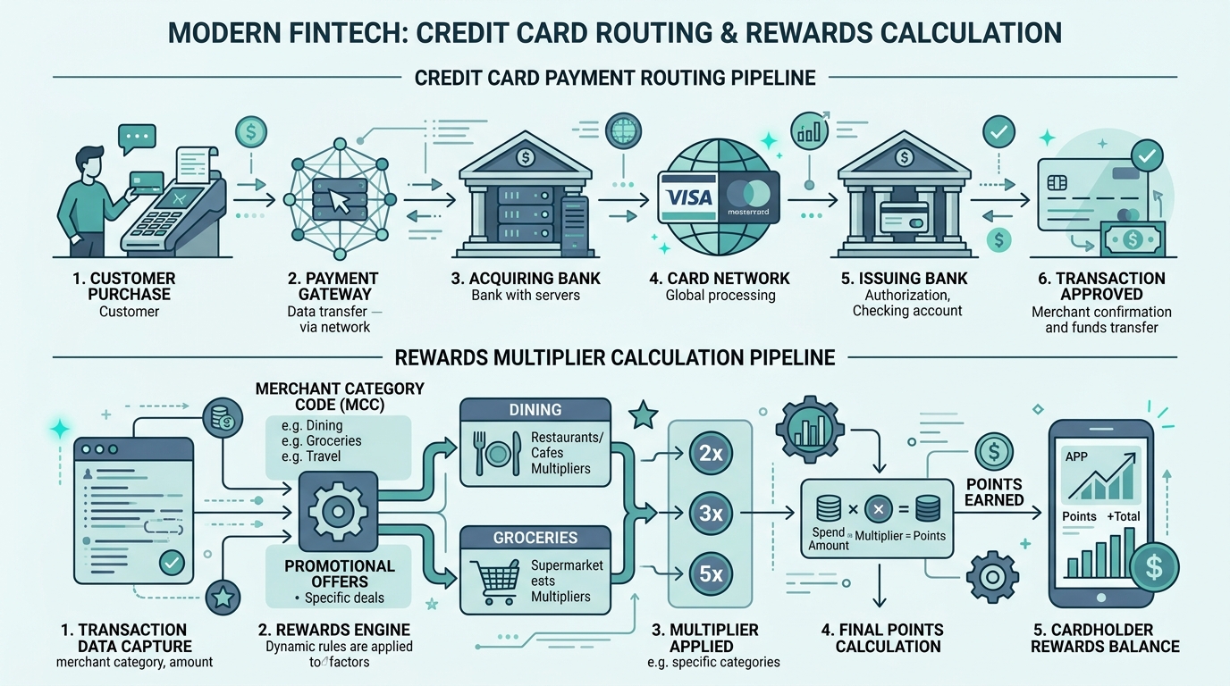 Fintech credit card payment routing and rewards multiplier calculation pipeline illustration