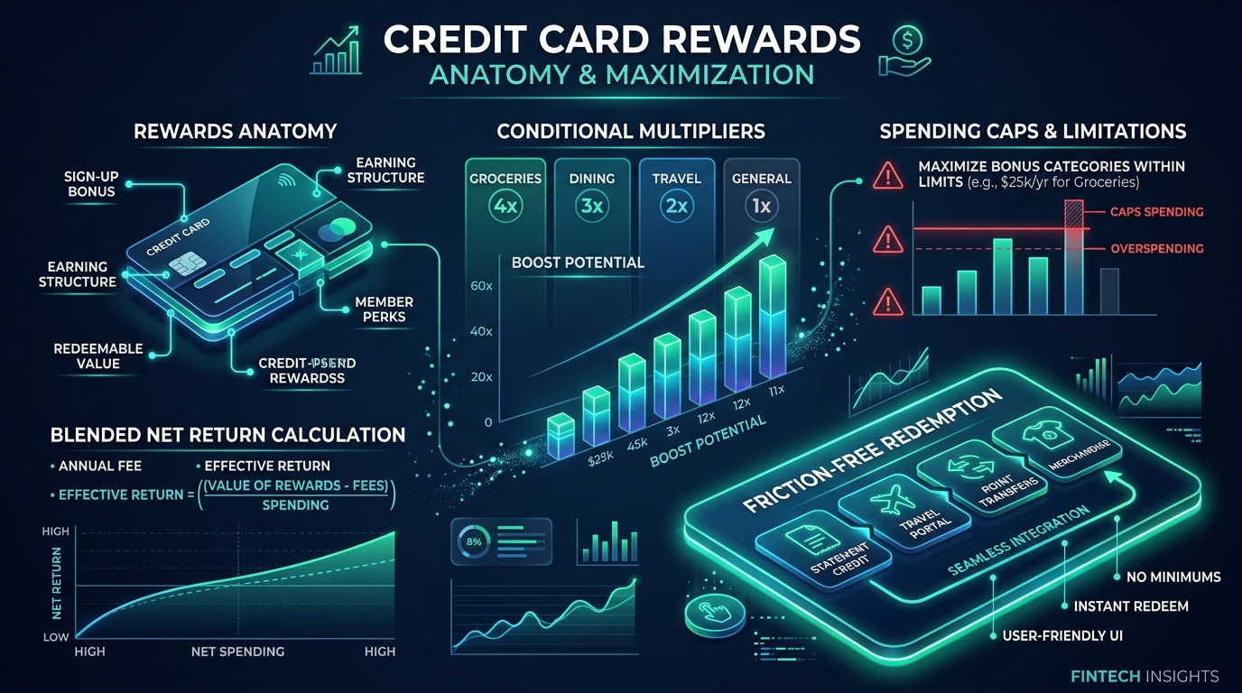 Credit card rewards anatomy and net blended return calculation chart