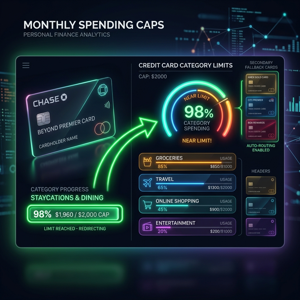 Optimization guide illustration depicting credit card multiplier limit indicators and fallback arrows