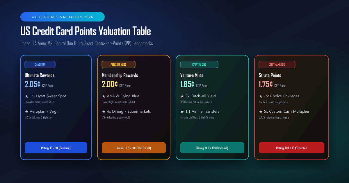 US Credit Card Points Valuation Table 2026 - Chase UR, Amex MR, Capital One Miles, Citi ThankYou