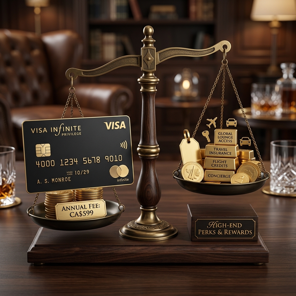 Visa Infinite Privilege matte black card mockup against annual fee comparison scale