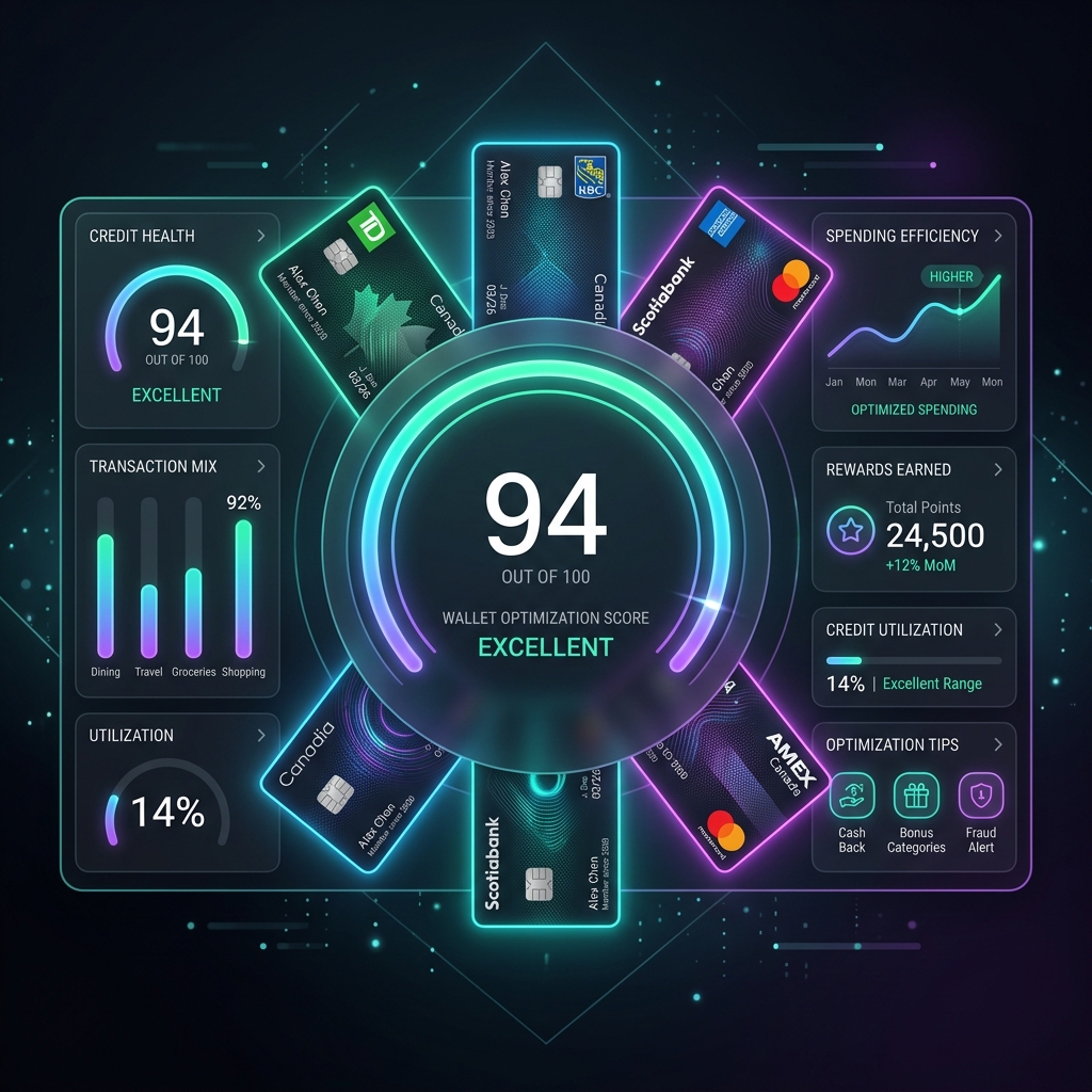 Wallet Fit dashboard visualization displaying a glowing 94 Wallet Score gauge